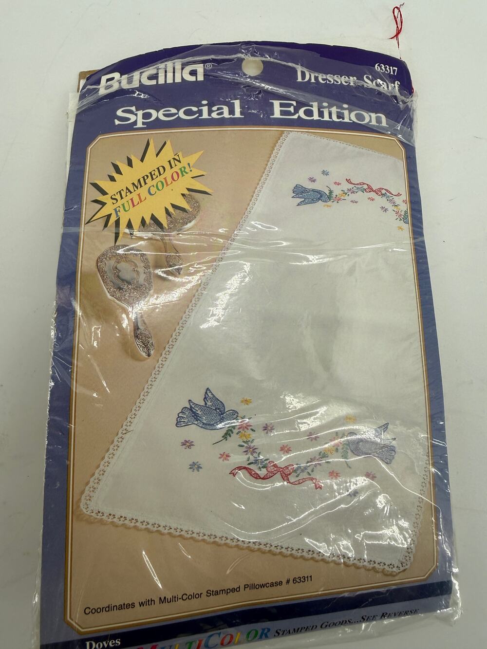 Bucilla Doves Stamped Embroidery Dresser Scarf Kit 14x36 Vintage 1992 Begun